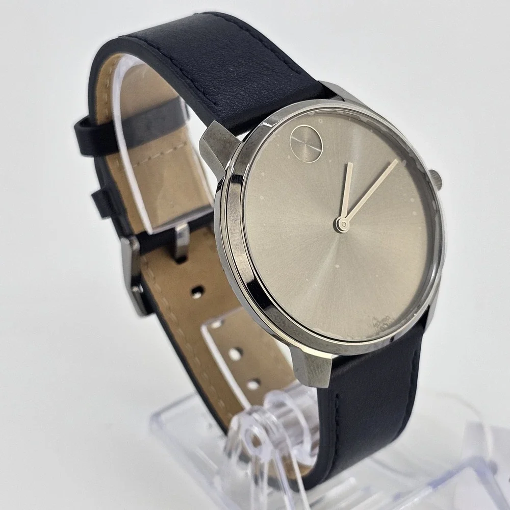 Movado Bold Men's Watch 42MM Gray Dial Dark Blue Leather Bands New Battery